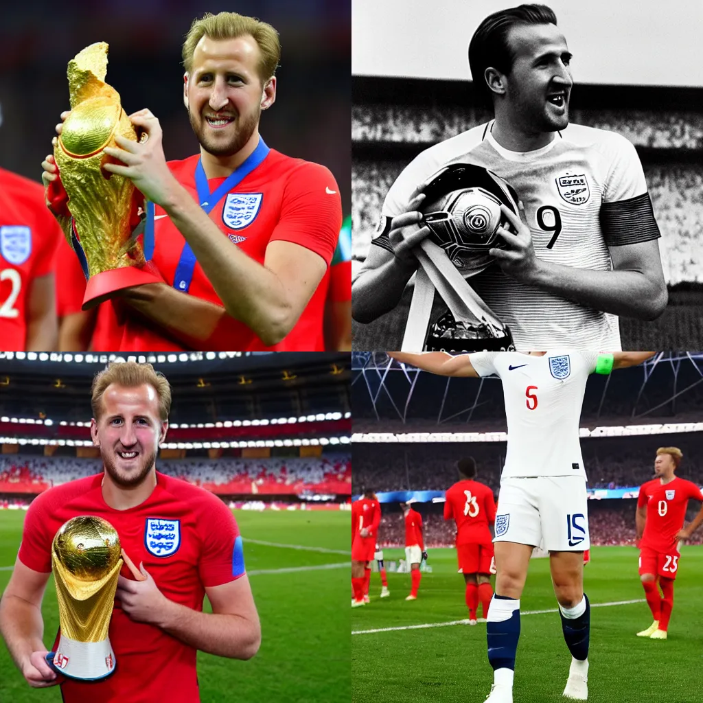 Prompt: Harry Kane wins the World Cup for England and kisses the Jules Rimet trophy. Harry Kane wears a red England football shirt with three lions on the badge