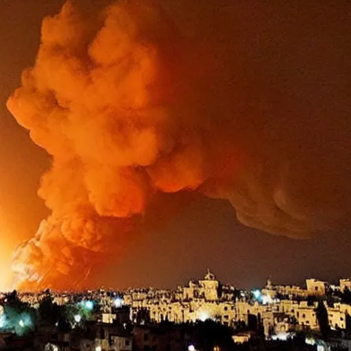 Image similar to picture of huge explosion in city in Syria at night