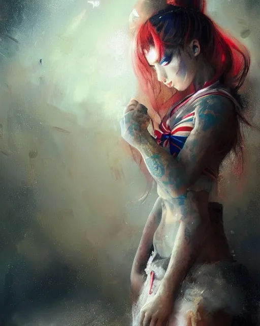 Image similar to an epic painting of sailor moon as a real girl, sailor moon hairstyle, oriental tattoos, realism, dramatic, intricate, by jeremy mann and greg rutkowski, dramatic earth colors, few vivid red highlights, trending on artstation, pixiv, oil on canvas