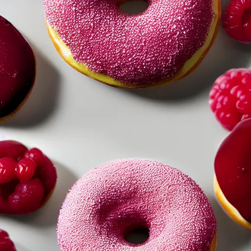 Prompt: Perfectly circular donut!!!!! in the shape of a raspberry!!!!!!, trending on artstation, 4k, 8k, professional photography, overhead shot, 35mm lens