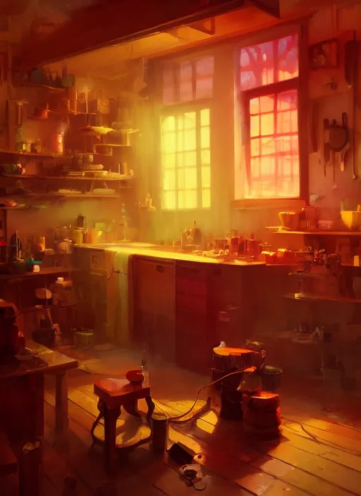 Image similar to beautiful interior of a cozy woodworker shop, james gilleard, delphin enjolras, goro fujita, makoto shinkai, paul lehr, volumetric lighting, octane render, very coherent, trending on artstation