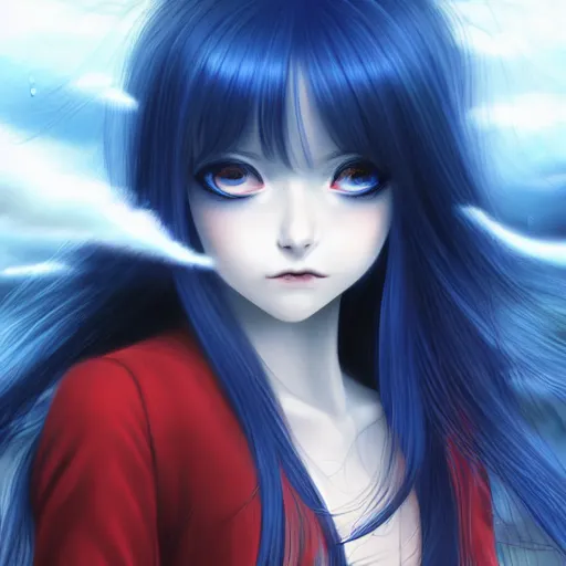 Prompt: a beautiful young girl with a long blue hair, bangs, pale skin, wearing red formal attire, standing heroically beneath swirling clouds, highly detailed, 8 k, professional portrait, low - angle shot, from behind blades of grass, rain droplets frozen in time, god rays, sun beams, dark theme, style of junji ito