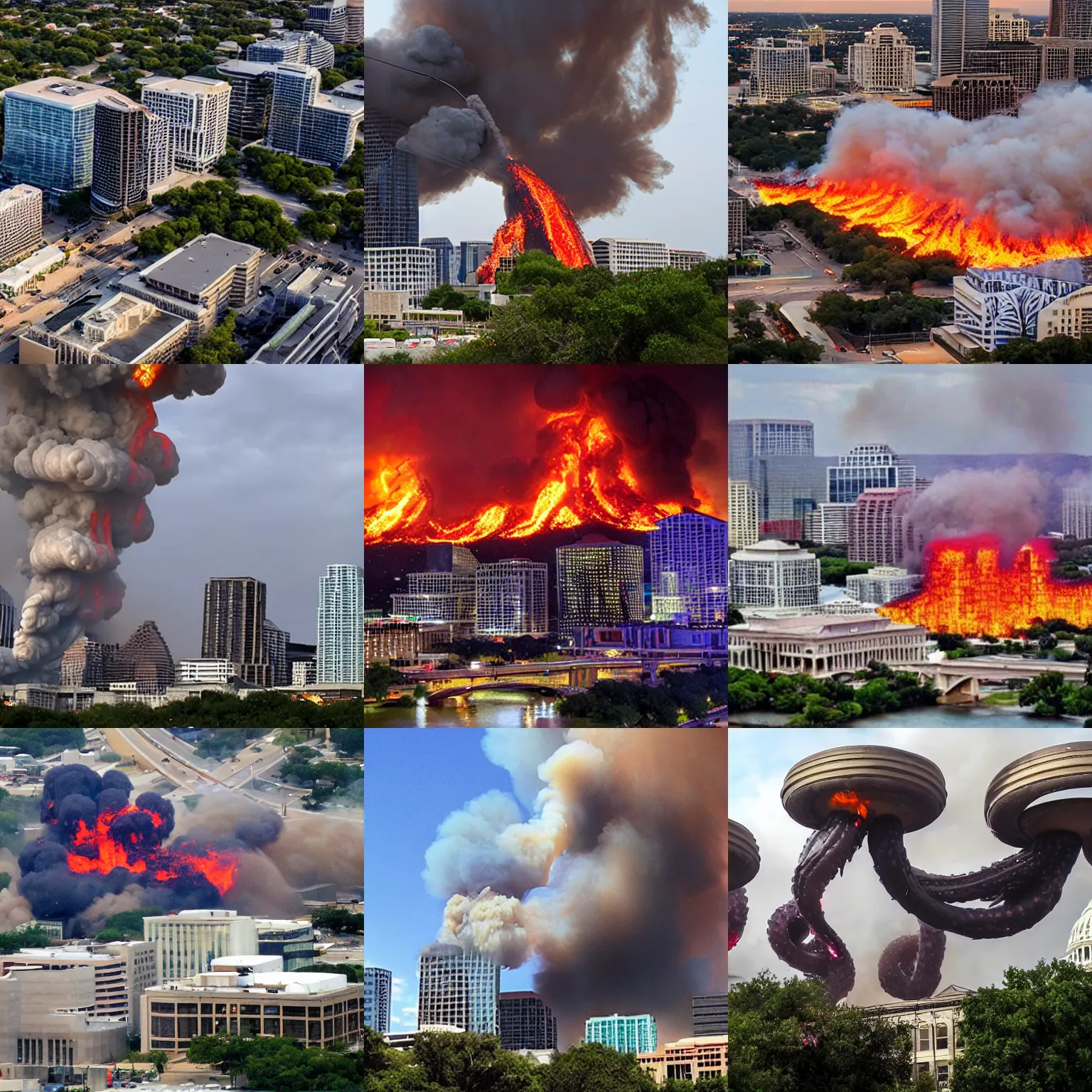 Prompt: capital of austin, texas on fire with alien tentacles wrapped around the building and ufo's