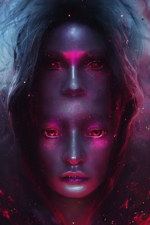 Image similar to a beautiful portrait of a young cosmic Demon women covered in deep purple flames with an intense look on her face by Greg Rutkowski, Sung Choi, Mitchell Mohrhauser, Maciej Kuciara, Johnson Ting, Maxim Verehin, Peter Konig, Bloodborne , 8k photorealistic, cinematic lighting, HD, high details, atmospheric , trending on artstation