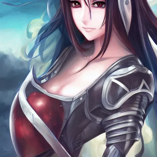 Image similar to a portrait of an attractive knight female anime character with long hair, shot of entire body, artgerm