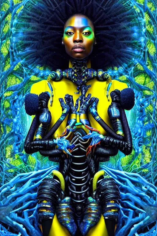 Image similar to hyperrealistic post-maximalist super expressive! black woman with exoskeleton armor, merging with tree in a forest, highly detailed digital art masterpiece smooth cam de leon hannah yata dramatic pearlescent blue yellow light ground angle hd 8k sharp focus