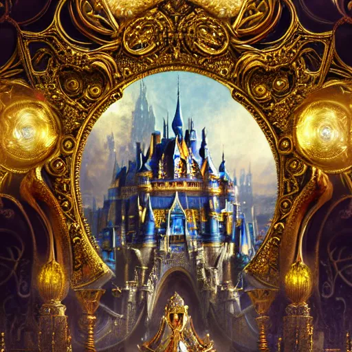 Prompt: symetrical highly detailed ornate with jewels and precious metals futuristic, sandman kingdom, close up in the bg entrance castle kingdom of dreams, space ships, futuristic, land of advanced races, giants, hiperrealistc, global illumination, radiant light, detailed and intricate environment. art by andreas achenbach, oleg oprisco, 8 k