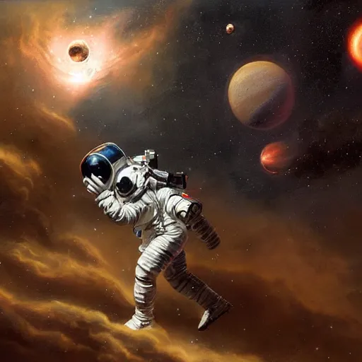 Image similar to detailed rococo painting of a black astronaut spacewalking, planets behind, nebulas, dynamic lighting, 8 k, star wars, art by greg rutkowski, kehinde wiley