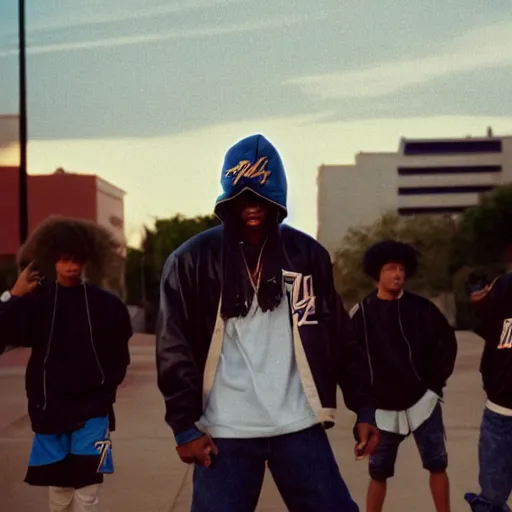 Image similar to Film still of Los Angeles Thunder Squad (1990). Hip-hop ninja confrontation scene. Sigma 85mm f/1.4