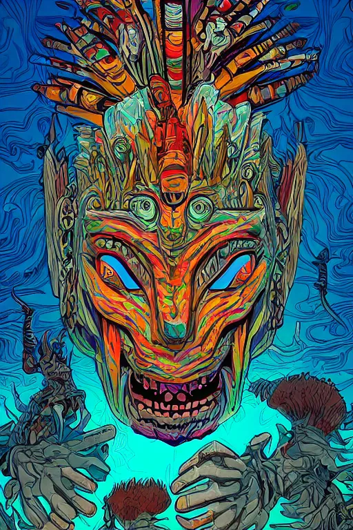 Image similar to totem animal tribal chaman vodoo mask feather gemstone plant wood rock video game illustration vivid color borderlands by josan gonzales and dan mumford radiating a glowing aura