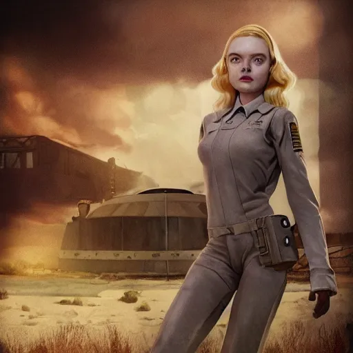 Prompt: a striking hyper real illustration of Elle Fanning in Fallout by Adam Adamowicz