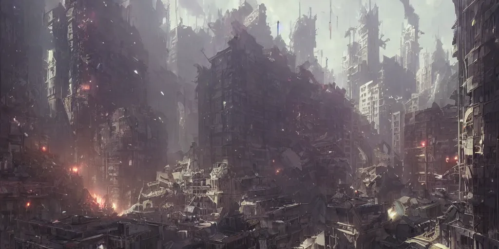 Prompt: monsters destroying the city by makoto shinkai, nier automata environment concept artstyle, greg rutkowski and krenzcushart