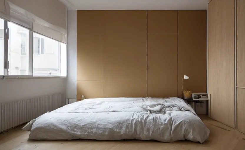 Image similar to interior of a compact bedroom in an apartment building, bed, ocher wall, cupboards, japanese design, swedish design, natural materials, minimalism, pine wood, earth colors, feng shui, white, beige, bright, windows with a view of a green park, modernist, 8 k