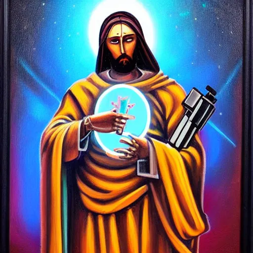 Image similar to beautiful detailed religious oil painting of robotic cyberpunk jesus with a gun in a neon city