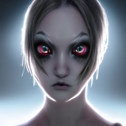 Image similar to photorealistic full shot portrait of angry darkness anime girl, inspired by tim burton, detailed, unreal engine 4 k, volumetric light, fog