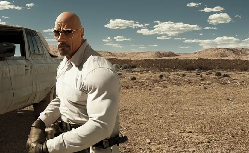 Image similar to Dwayne The Rock Johnson as Walter White in 'Breaking Bad' (2012), movie still frame, oscar nominated cinematography, volumetric lighting, 8k resolution, beautiful composition