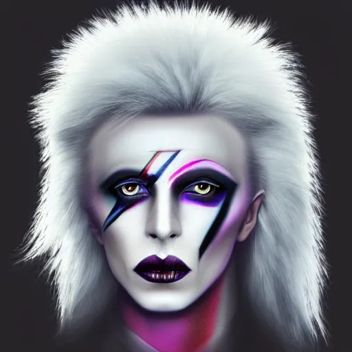 Prompt: A white wolf with David Bowie makeup, portrait, dark bg