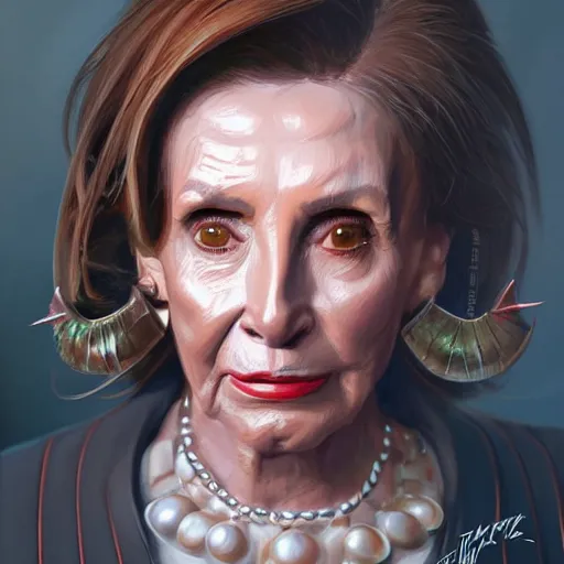Image similar to a portrait of nancy pelosi as a gremlin, intricate, wild, highly detailed, digital painting, artstation, concept art, smooth, sharp focus, illustration, art by artgerm and greg rutkowski and alphonse much and hajime sorayama