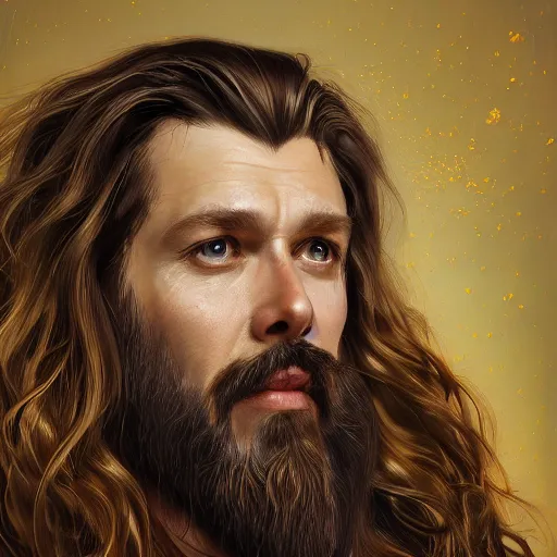 Image similar to portrait of an king, brown long hair, beard, eye scar, golden crown, digital painting, artstation, concept art, donato giancola, Joseph Christian Leyendecker, WLOP, Boris Vallejo, Breathtaking, 8k resolution, extremely detailed, beautiful, establishing shot, artistic, hyperrealistic, beautiful face, octane render, cinematic lighting, dramatic lighting, masterpiece