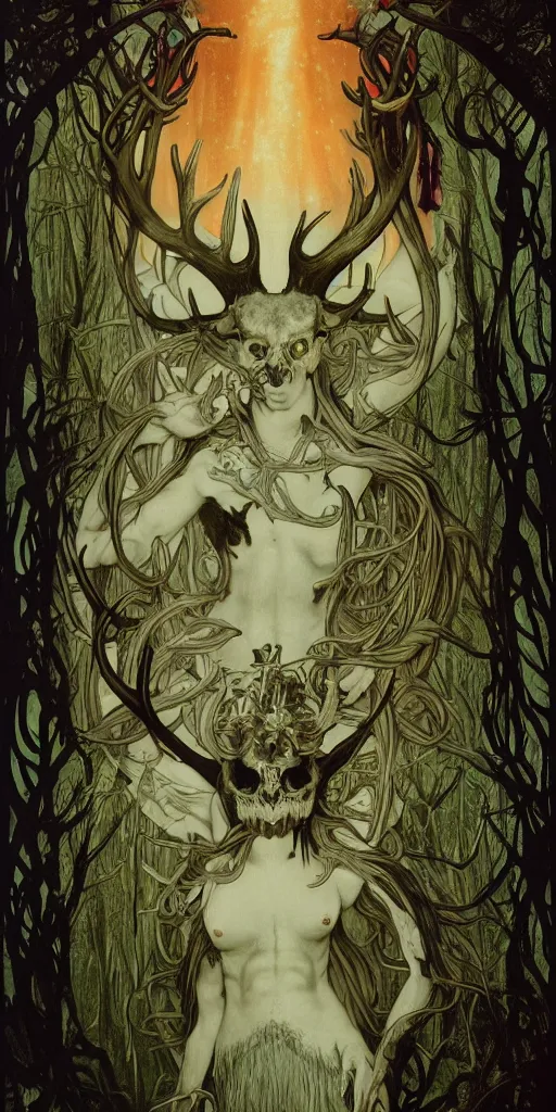 Image similar to intense bioluminescent pagan god with antlers and fangs and intense glowing eyes with a bull skull in very dark forest by mark ryden and alphonse mucha, portrait, fantasy, clear, light beams, lens flare, intense, uhd, amazing depth, cinematic lighting