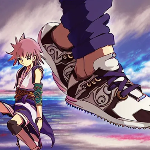 Image similar to fantasy anime jrpg sneaker design designed by studio ghibli, chrono trigger guilty gear style, aztec mayan street fashion native punk sneaker design, hip hop sneaker design with subtle mayan patterns, gapmoe yandere grimdark, trending on pixiv fanbox, painted by greg rutkowski makoto shinkai takashi takeuchi studio ghibli, akihiko yoshida