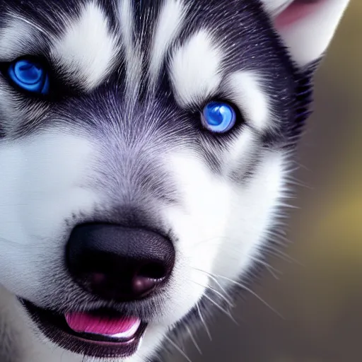 Prompt: A husky puppy with two different colored eyes, snowy environment, detailed close-up, 4k photo