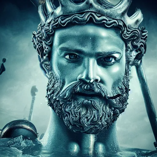 Image similar to detailed close up portrait Poseidon, the god of the sea, with trident and crown, matte painting, photorealistic, dark colors