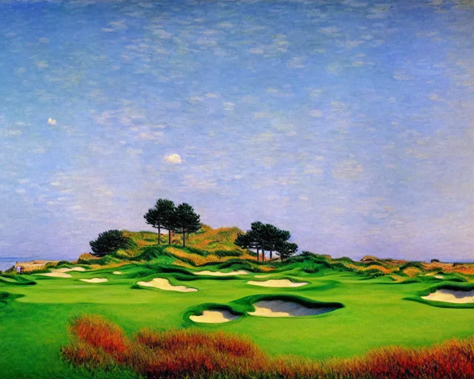 Image similar to achingly beautiful painting of bandon dunes golf course by rene magritte, monet, and turner.