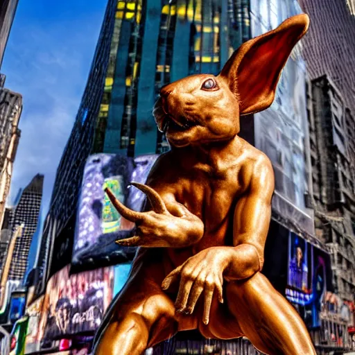 Prompt: a realistic renaissance sculpture of a very scary bunny with sharp teeth made by michelangelo, standing in times square, 3 d render, hyper detailed, sharp focus, 8 k resolution