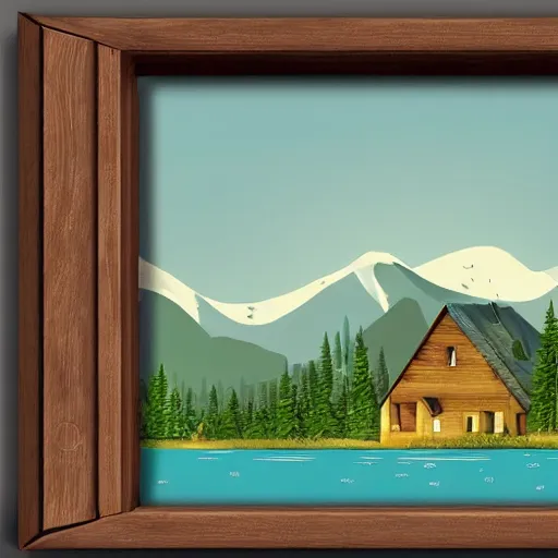 Image similar to small sci - fi cottage at the edge of a lake in the mountains, retro illustration on parchment, soft glowing windows, early evening, reflections, pine trees,