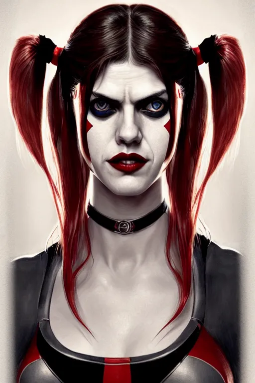 Image similar to alexandra daddario as harley quinn, realistic portrait, symmetrical, highly detailed, digital painting, artstation, concept art, smooth, sharp focus, illustration, cinematic lighting, art by artgerm and greg rutkowski and alphonse mucha