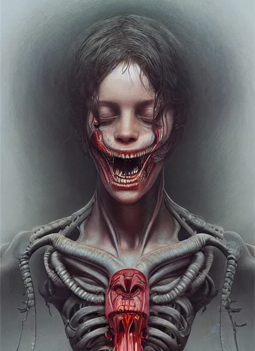 Image similar to a hyper detailed portrait of ellen ripley beginning a transformation into a xenomorph, by tom bagshaw, by zdzisław beksinski, trending on artstation