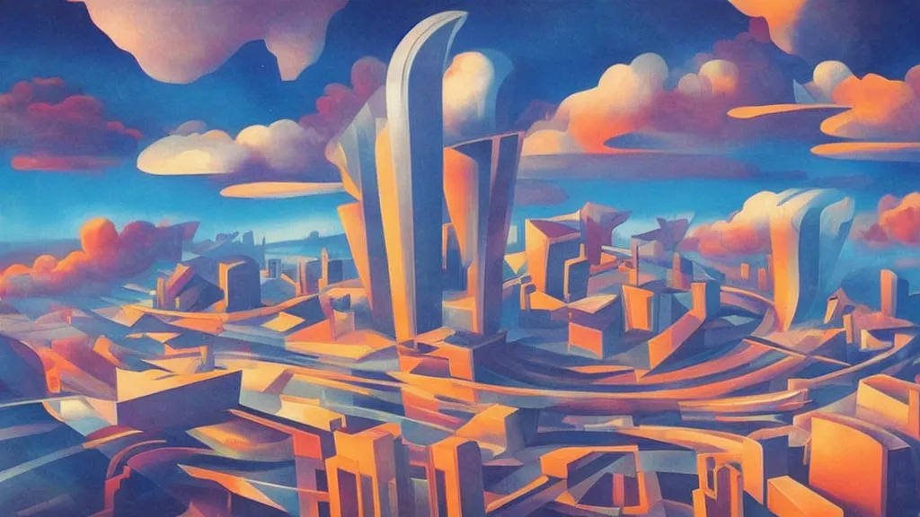 Prompt: a city in the clouds. futurism art style.