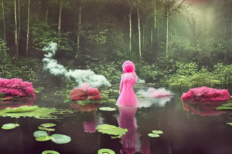 Prompt: 1 9 7 6 woman with huge pink candy floss hair floats in a pond, surrounded by a detailed forrest of lily leaves, deep focus, intricate, elegant, highly detailed, matte, sharp focus, photography of gregory crewdson