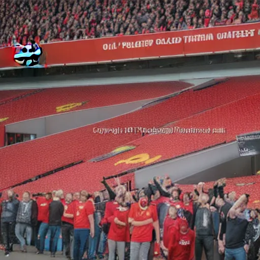 Prompt: protests at old trafford theatre of dreams against the glazers, # glazersout, stadium, chaos, protest, banners, placards, burning, owners of manchester united football club, pure evil, 8 k, wide angle lens, 1 6 - 3 5 mm, symmetry, cinematic lighting - w 1 0 2 4