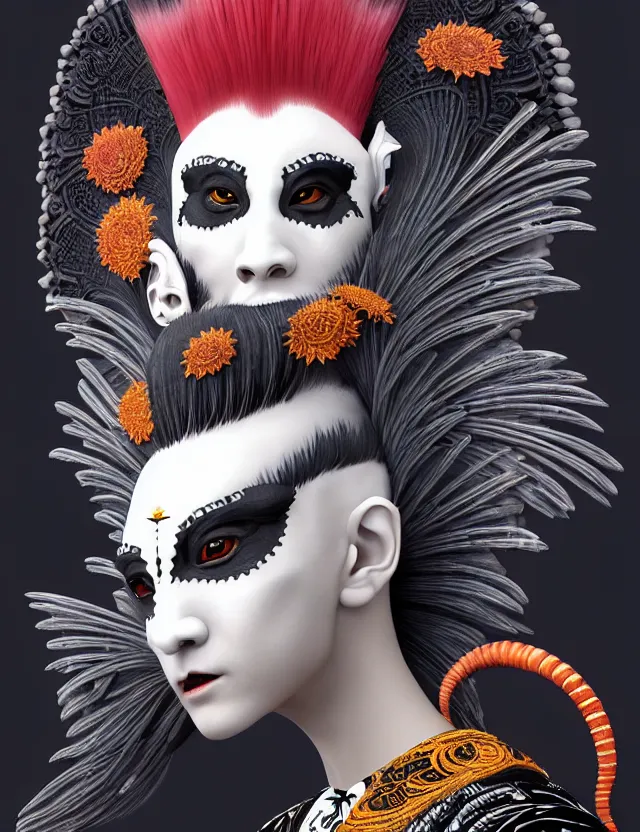 Image similar to 3 d goddess close - up profile portrait punk with mohawk with ram skull. beautiful intricately detailed japanese crow kitsune mask and clasical japanese kimono. betta fish, jellyfish phoenix, bio luminescent, plasma, ice, water, wind, creature, artwork by tooth wu and wlop and beeple and greg rutkowski