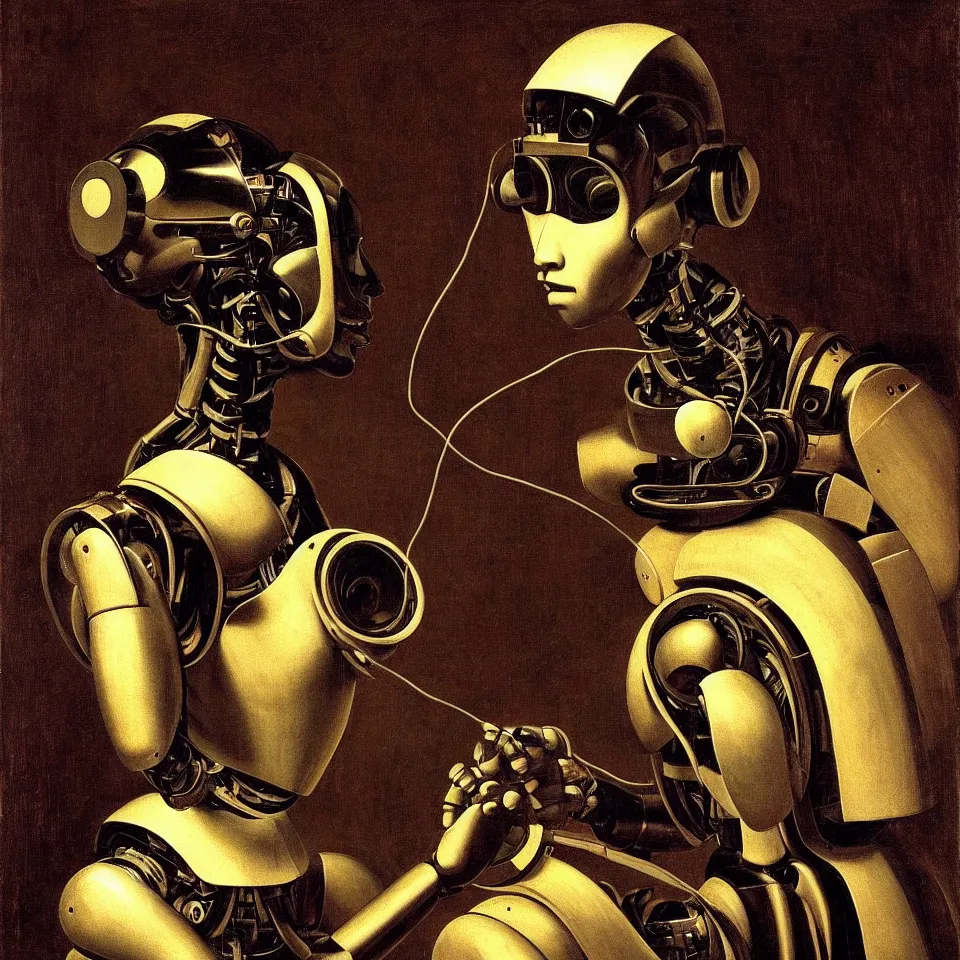 Image similar to robot with a headphone by caravaggio, dynamic lighting, cinematic, epic composition, masterpiece