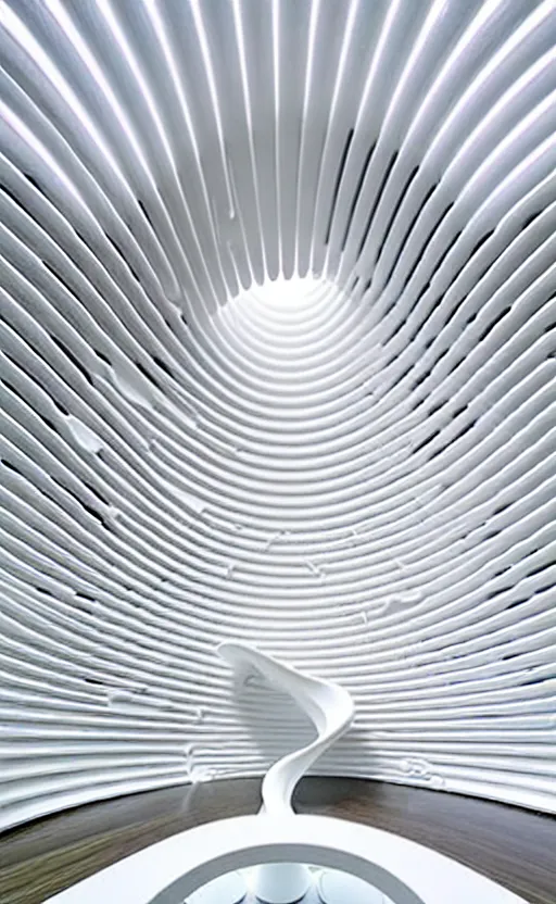 Image similar to xinming parametric architecture, interior design, tall wide room with kitchen and livingroom, futuristic pavilion, surreal, all white, luxurious, spiral 3 d printed walls, scale figures, 8 k rendering, insanely detailed, white building, curves, zaha hadid, vincent callebaut