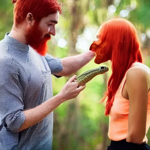 Image similar to a man gently slapping a woman in the face with a lizard. The man has a dark well groomed beard, the woman is attractive with straight red orange hair in the face with a lizard