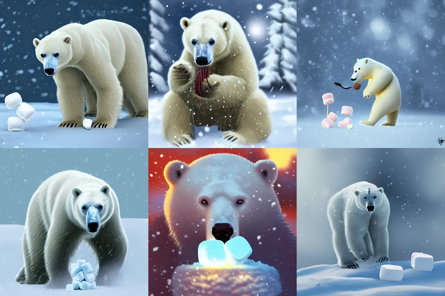 Prompt: A polar bear eating marshmallows in a snow storm. Digital art, 4k, trending on ArtStation.