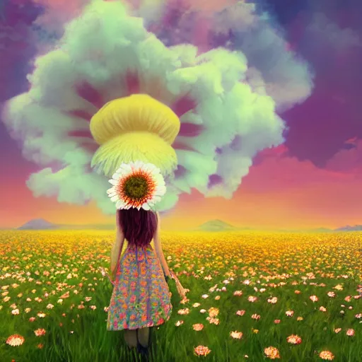 Prompt: giant daisy flower head, full body, girl walking in a flower field, surreal photography, sunrise dramatic light, impressionist painting, colorful clouds, digital painting, artstation, simon stalenhag, flower face