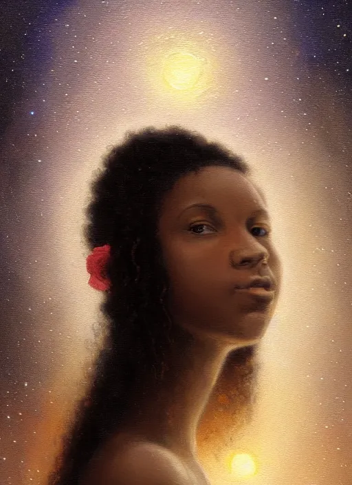 Image similar to oil painting close up portrait of a contemplative young black woman with long flowing hair in a white dress, with white roses, surrounded by colorful nebula stardust galaxies at sunset, hazy, digital art, chiaroscuro, artstation, cinematic, golden hour, concept art, digital art painting by greg rutkowski, william - adolphe bouguereau, hazy atmosphere, cinematic lighting