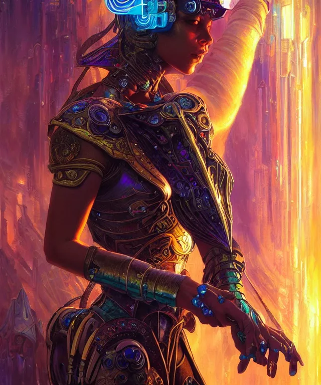 Prompt: a beautiful tarot card artwork of a cyberpunk crystal paladin, backlit, dazzling, highly detailed, digital painting, by karol bak and eddie mendoza and dan mumford and artgerm, vivid colors, masterpiece, detailed shading, 8 k resolution, intricate, smooth