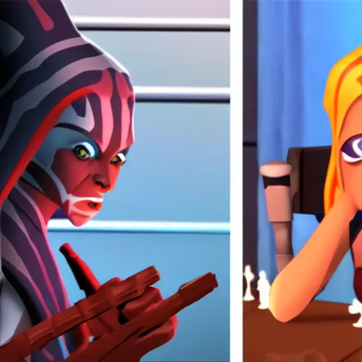 Image similar to Ahsoka Tano playing chess with Darth Vader in The Clone Wars animated series