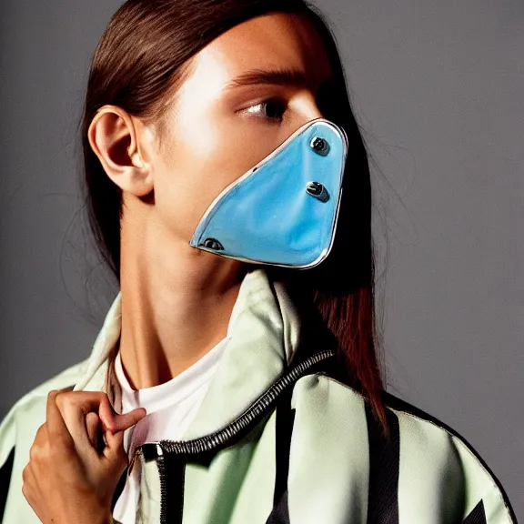 Prompt: model in chrome full face mask wearing baggy colorful 9 0 s jacket by rick owens. magazine ad. pastel brutalist background.