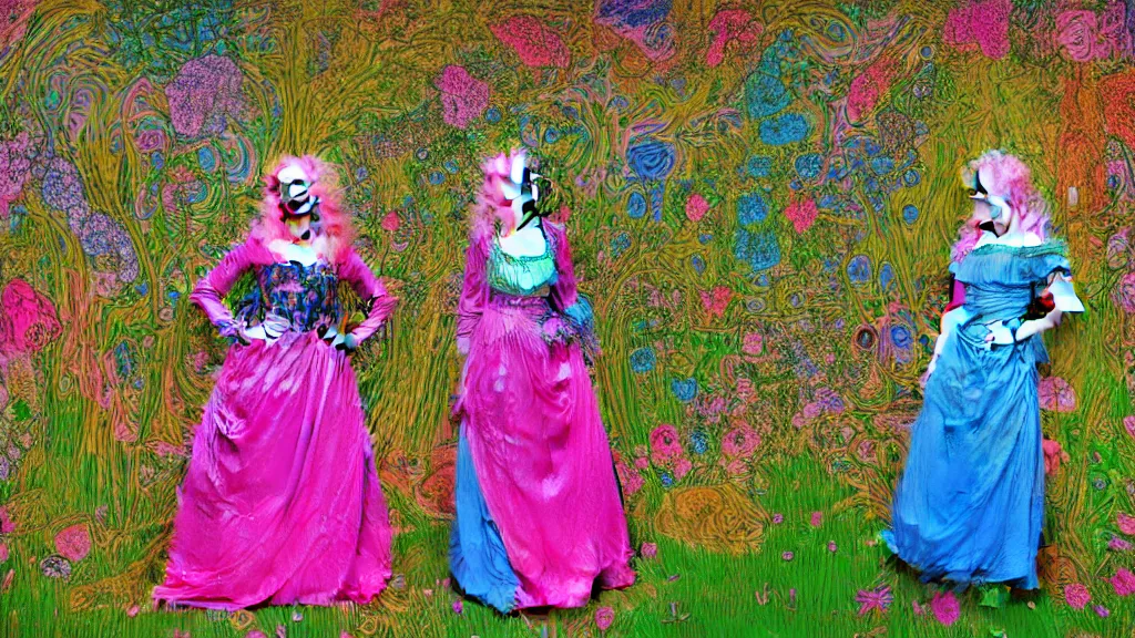 Prompt: photo-realistic portrait of two young women with neon pink hair, wearing a neon blue dress by Vivienne Westwood, standing in a garden full of psychedelic flowers, intricate details, in the style of John Everett Millais, black background