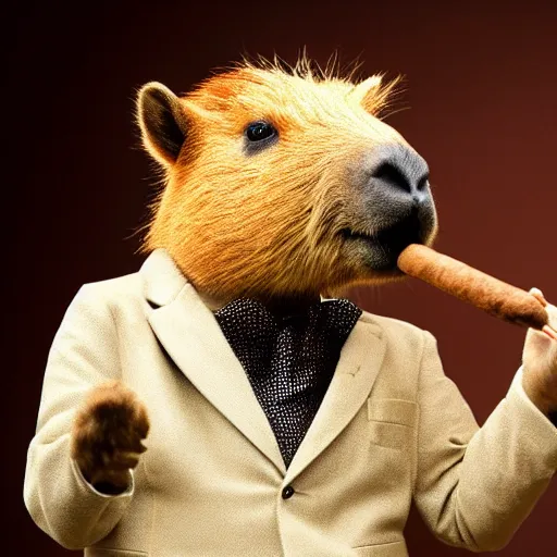 Image similar to an antropomorphic capybara wearing a suit smoking a cigar