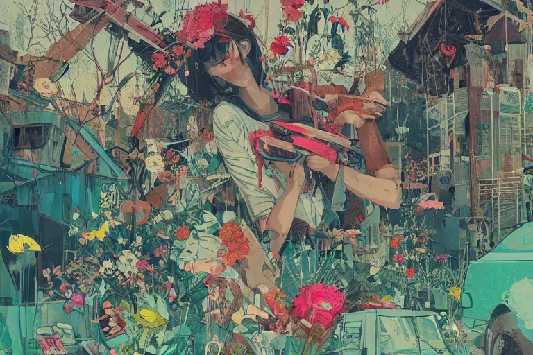 Image similar to a dystopic junkyard, detailed painting, overgrown with flowers, art by Sachin Teng, beautiful lush colors