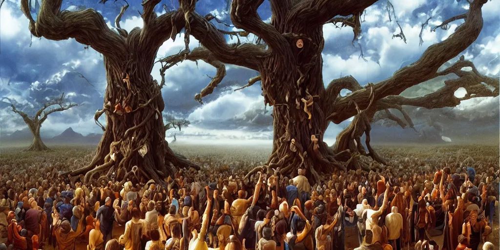 Prompt: crowd mourning for the death of the tree of life Michael Whelan by Jeff Easley photorealistic by Edmonia Lewis, cinematic, coherent, realistic faces, clear, detailed, intricate, dramatic lighting, establishing shot, 8k resolution