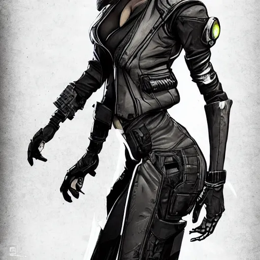 Image similar to concept art character, very high angle view, book cover, very attractive woman with full lips, slender figure, , walking in cyberpunk valley highly detailed full body, royalty, smooth, sharp focus, organic, appealing, book cover, deep shadows, borderlands 3 style, extremely fine inking lines